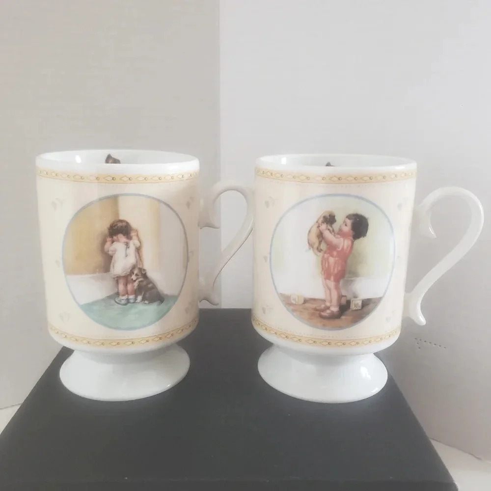 Vintage set of 2 1987 Bessie Pease Gutmann Footed Children/Puppy Scenes.